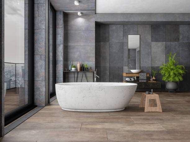 Bathroom tile dark flooring with bath tub | Country Manor Decorating